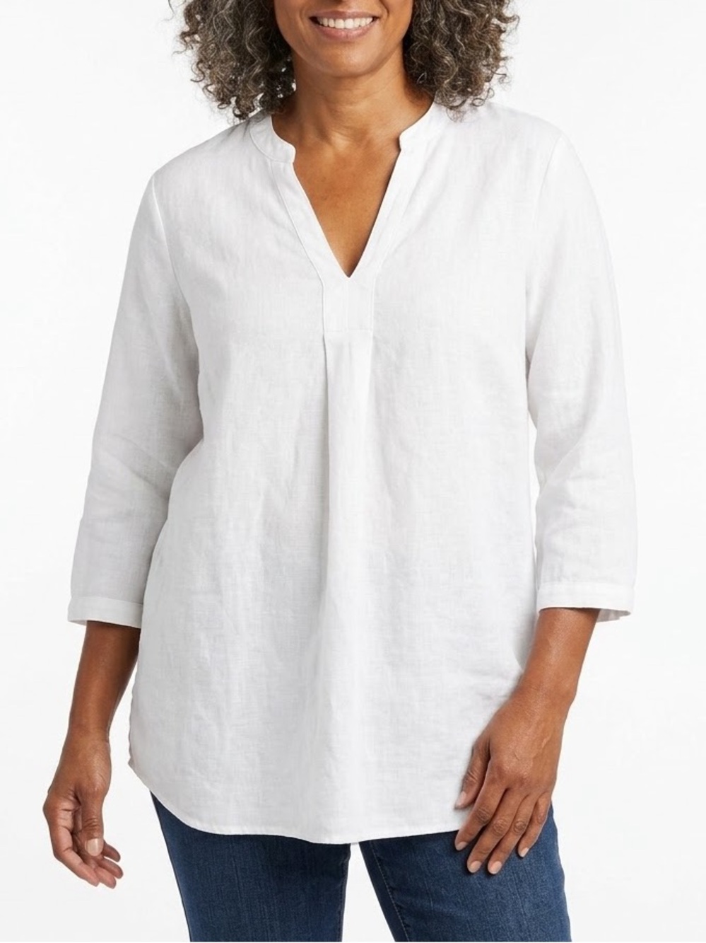 L.L. Bean 100% Linen Tunic Top 3/4 Sleeve White Popover Coastal 2X
